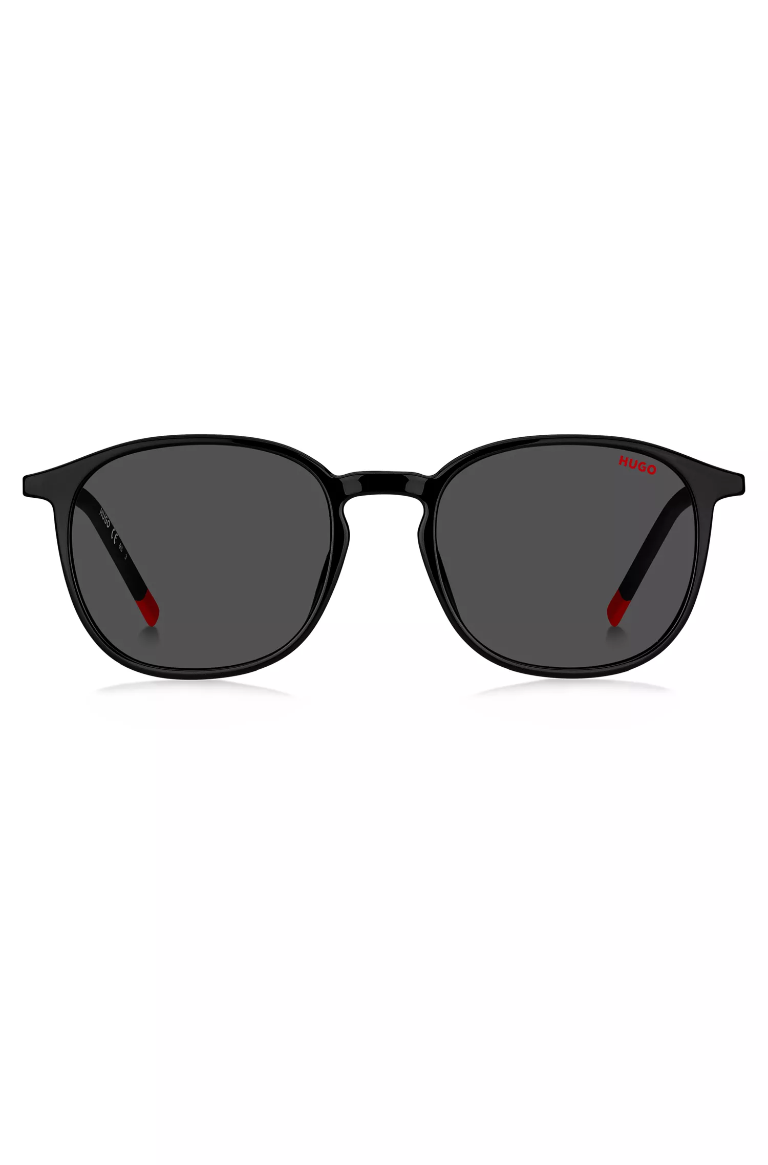 Óculos de sol HUGO vermelho e preto com hastes de aço inoxidável.