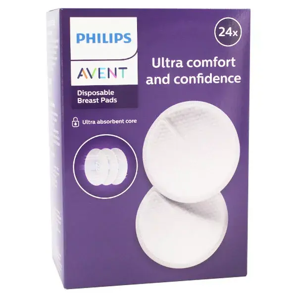 Absorventes descartáveis para amamentação Avent, para uso diurno e noturno, pacote com 24 unidades.