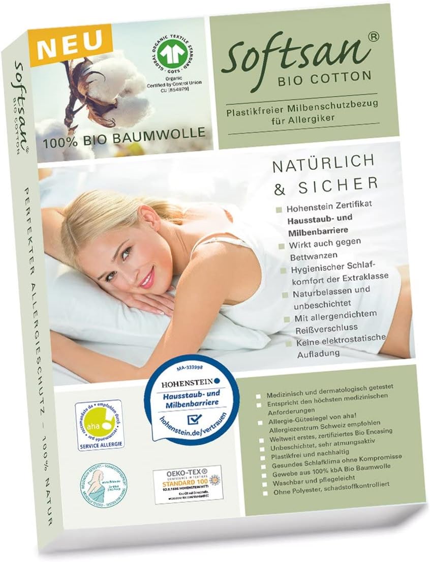 Softsan Encasing für Matratzen aus Bio Baumwolle | bis 25 cm Höhe | Schutzbezug für Allergiker| Anti Milben Schutzbezug | Weltneuheit | Viele Größen (140 x 200 x 25 cm)