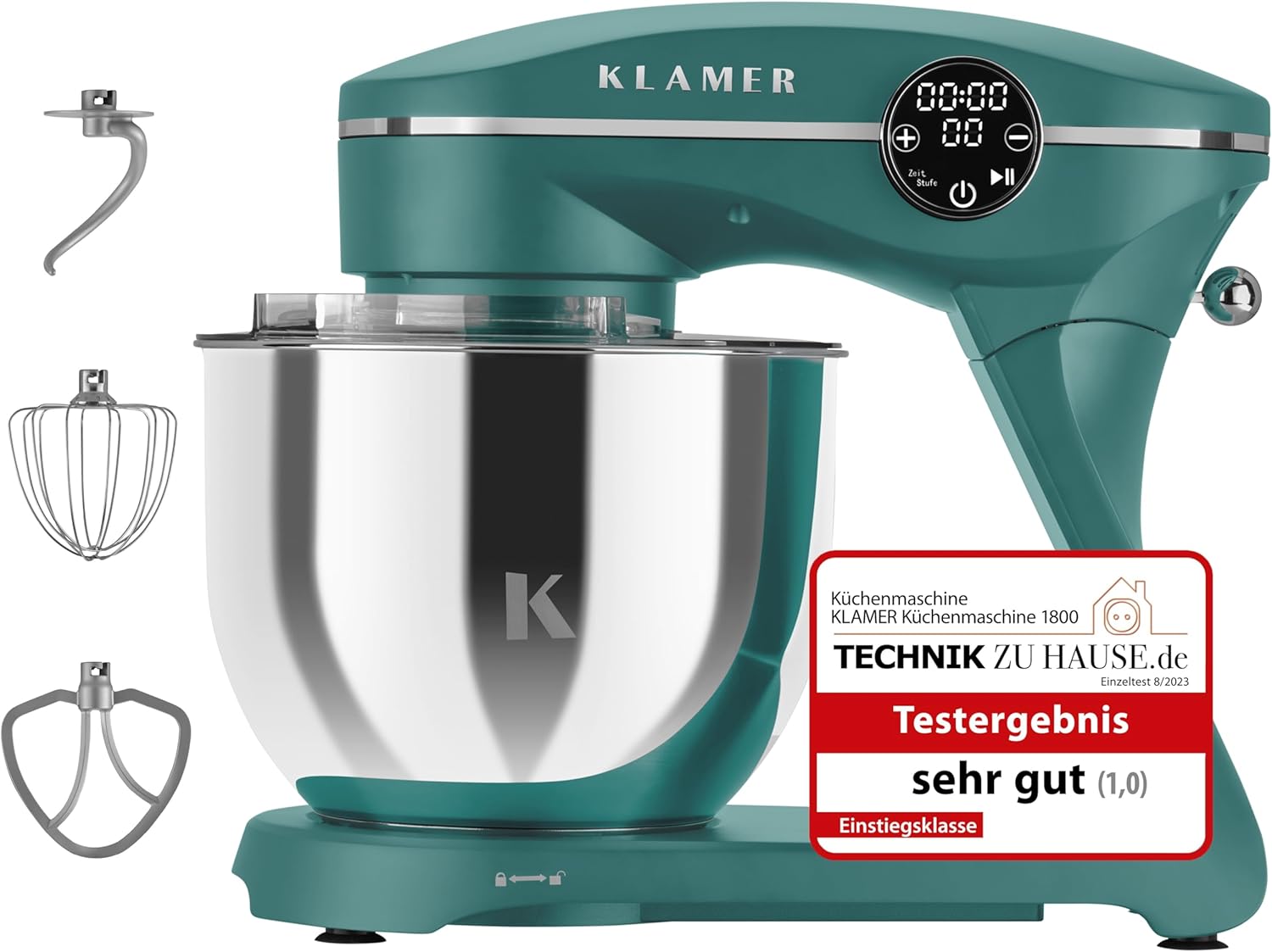 KLAMER Küchenmaschine 1800W, Knetmaschine Brotteig mit Edelstahl-Rührschüssel 6 L, 10 Stufen mit Timer, Planetenrührwerk, Rührbesen, Knethaken, Schneebesen & Sichtdeckel (türkis)