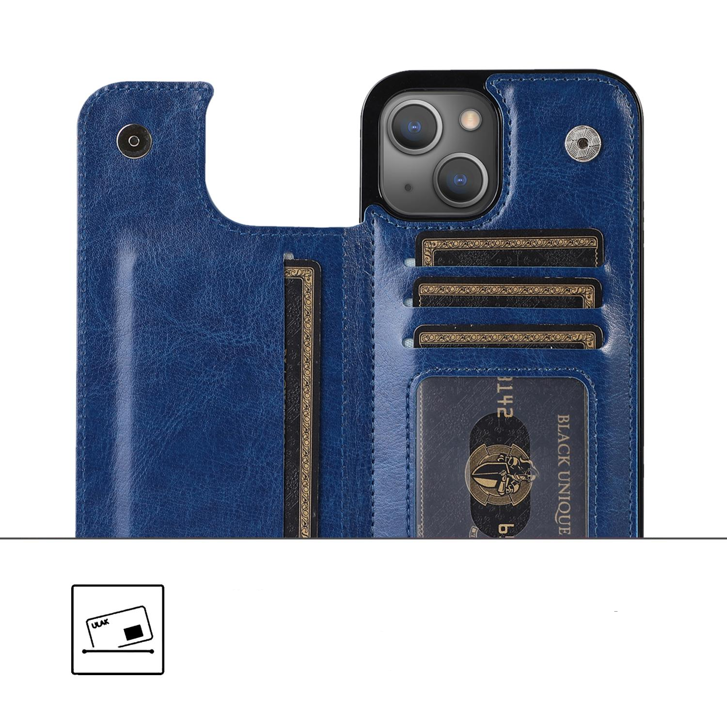 iPhone 14 Hybrid Leder Hülle mit Kartenfach   Kickstand Aufsteller - Blau