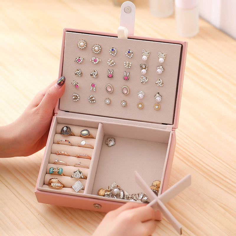 (16.5x11.5x5.8cm) Leder Schmuckschatulle Aufbewahrungsbox Organizer für Ringe / Ohrringe / Armbänder - Rosa