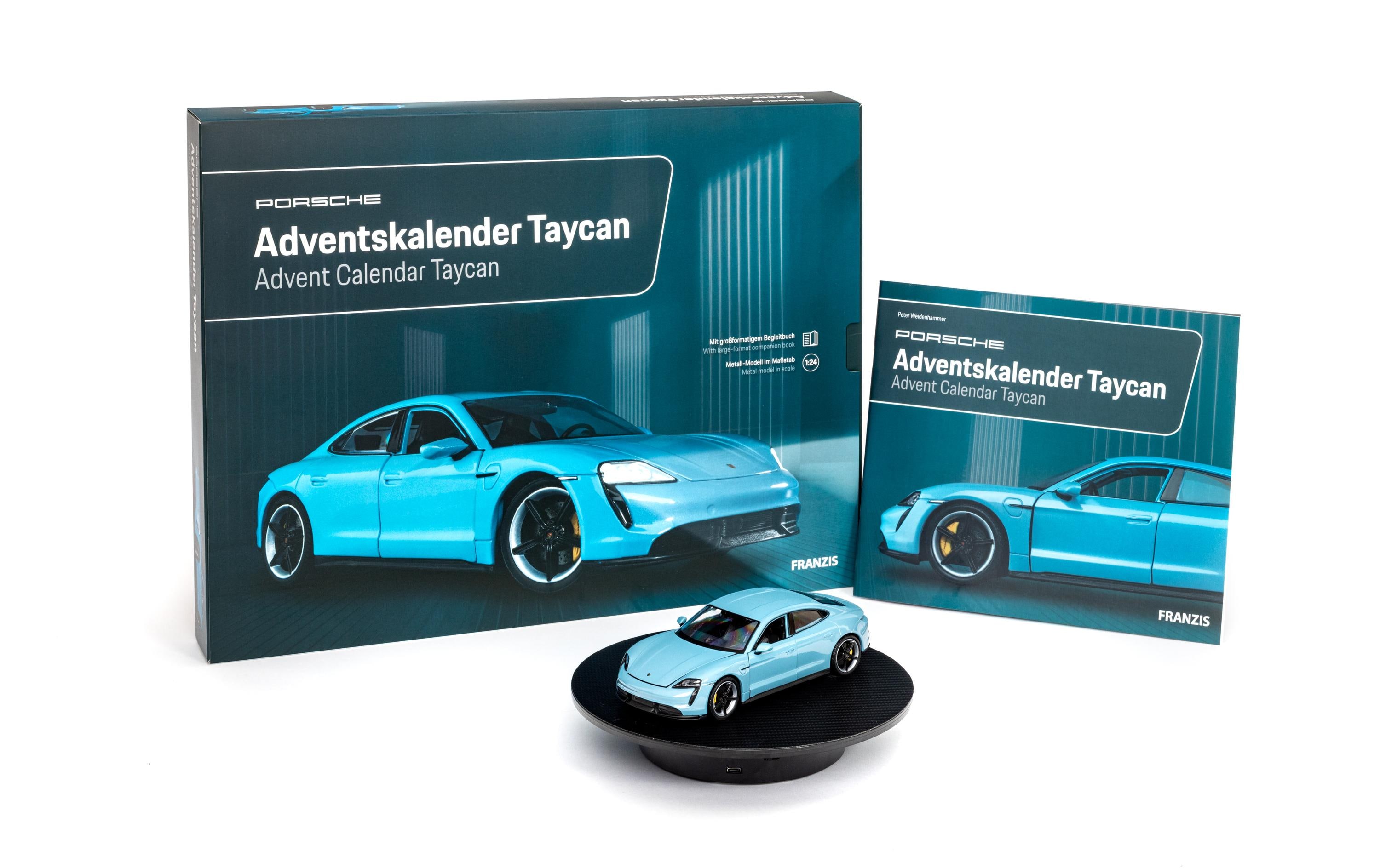 Adventskalender Porsche Taycan 1:24, Deutsch/Englisch<br>Auto Modellbausatz Adventskalender