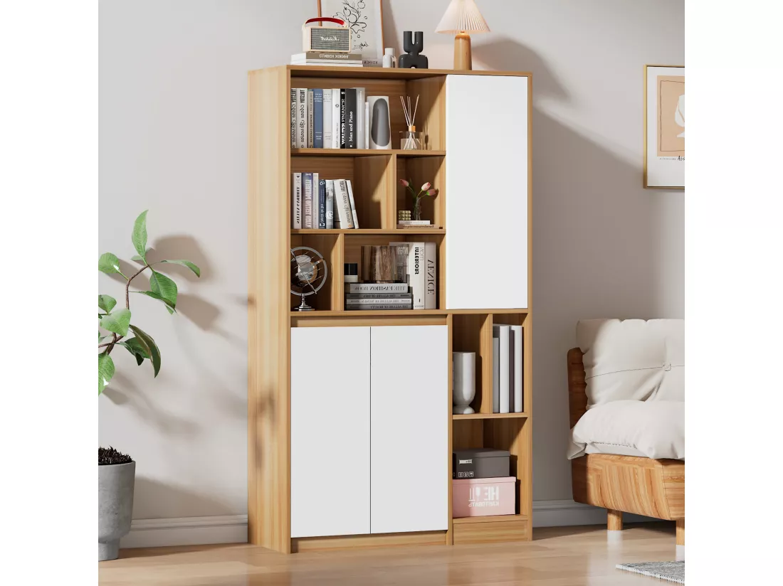 Bibliothèque avec 3 portes et étagères réglables - 90 x 35,5 x 160 cm - Panneaux de particules - Blanc + Chêne clair