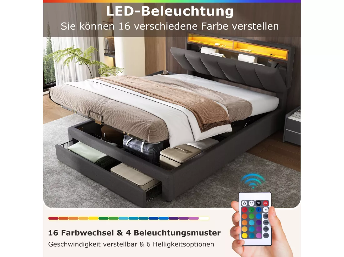 Lit coffre avec 2 tiroirs et tête de lit escamotable - 160 x 200 cm - LEDs - Acier et lin - pour audulte - Gris