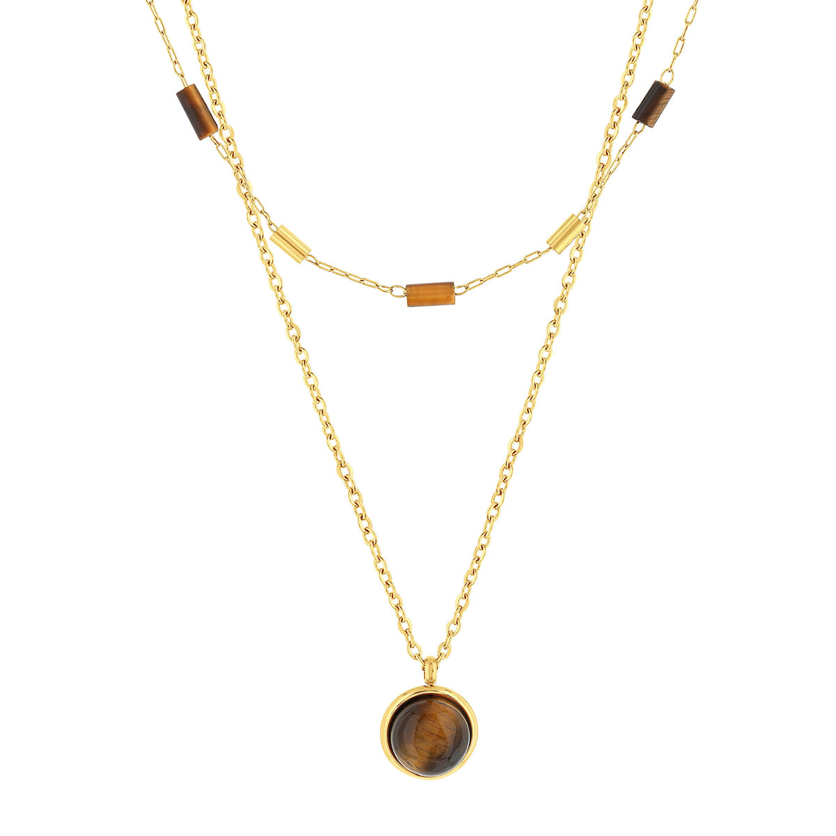 Collier acier doré 2 rangs pierres oeil de tigre 50 cm