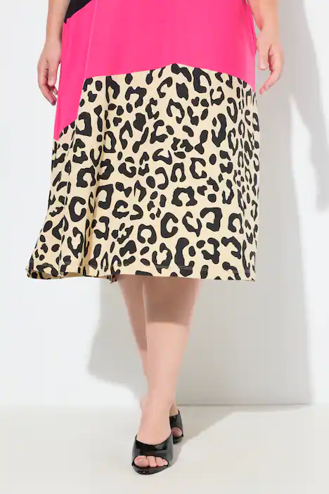 Kleid, A-Linie, Colorblocking mit Animalprint, schwarz