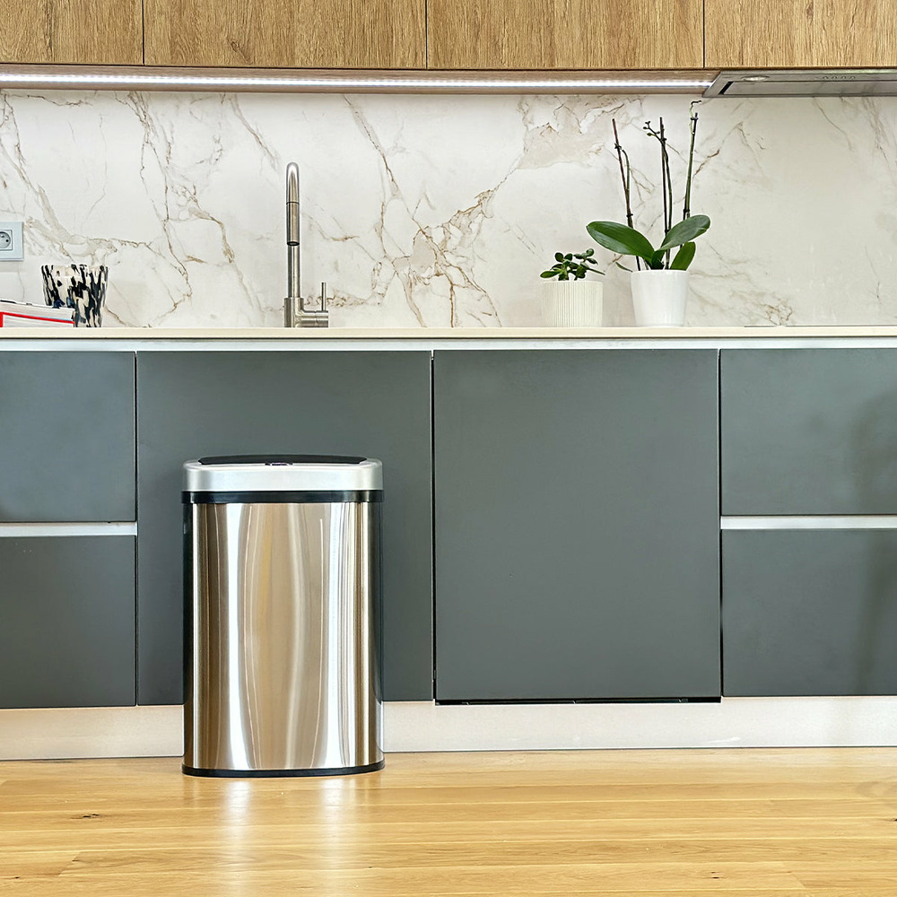 Poubelle de cuisine automatique majestic silver argent acier inoxydable 58 l