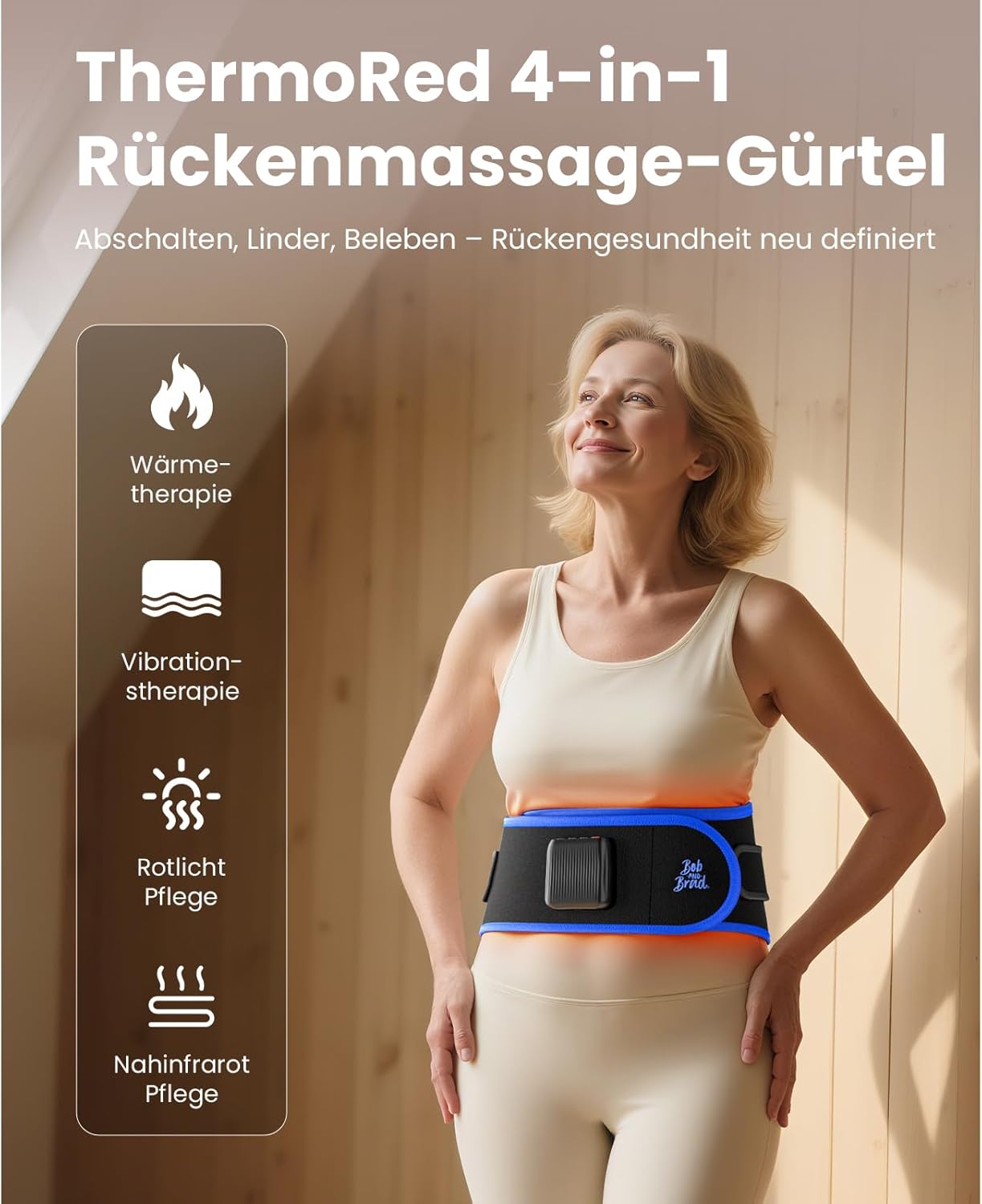 BOB AND BRAD ThermoRed Infrarot Wärmegürtel Rücken mit Rotlicht & Massage - Elektrischer Rückenwärmer mit Tiefenwärme (660nm/850nm), Massagegürtel zur Linderung von Verspannungen für Büro & Alltag
