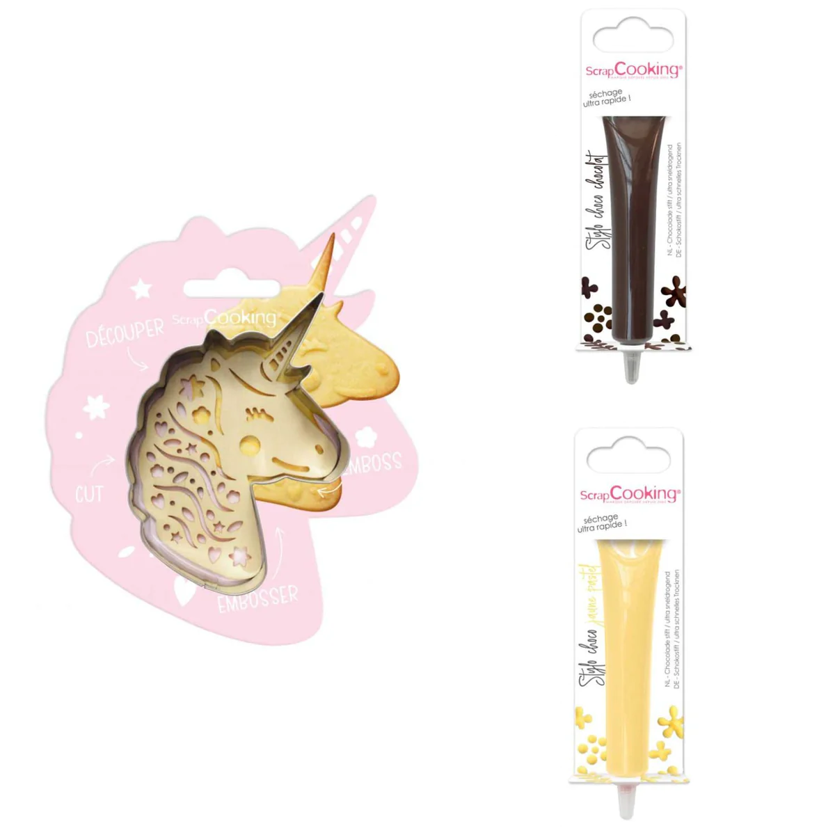 Kit pour biscuit en relief Licorne + 2 Stylos au chocolat marron et ja