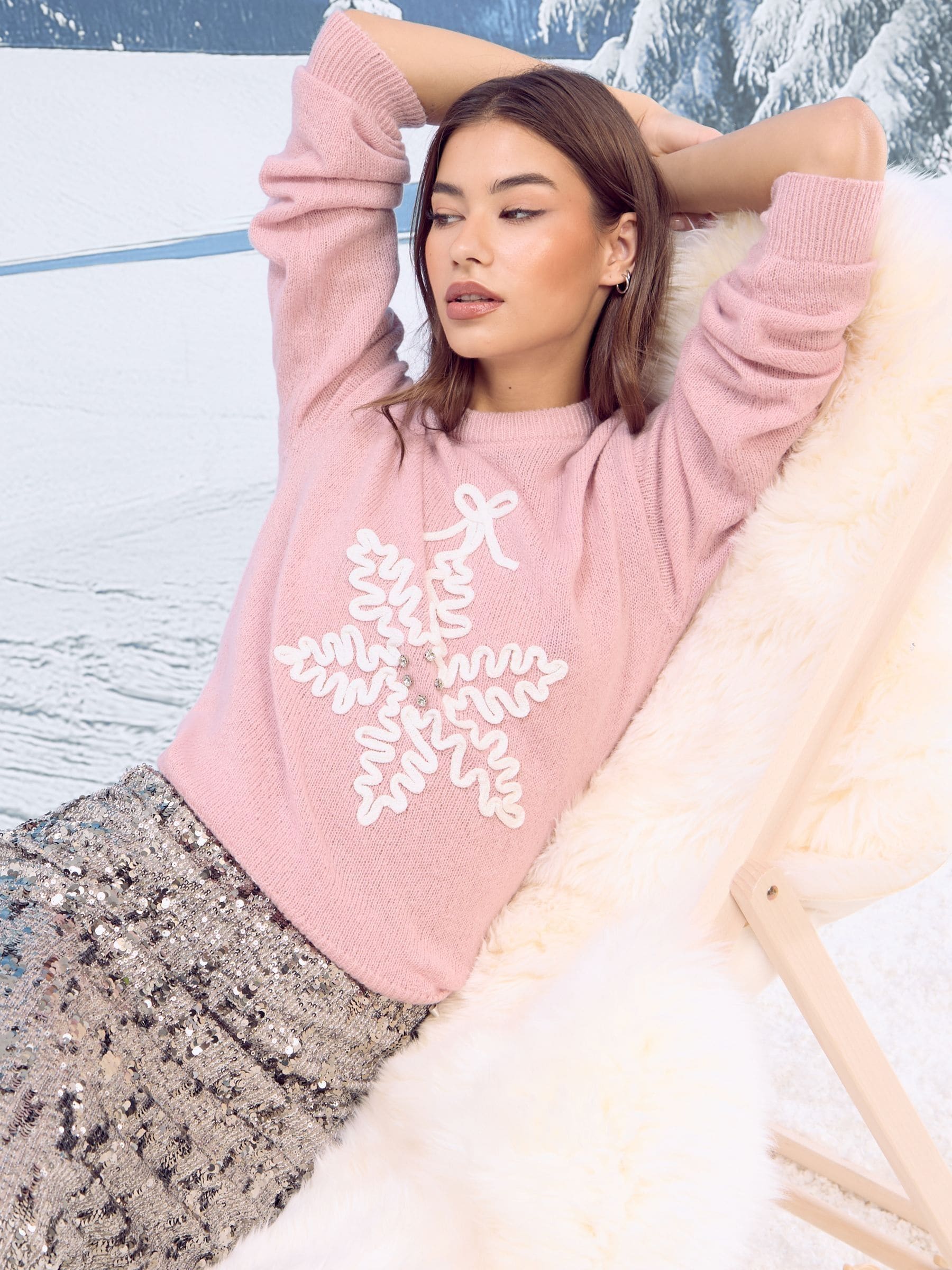 Roze met sneeuwvlokprint - Lipsy Christmas Crew Neck Cosy Knitted Jumper