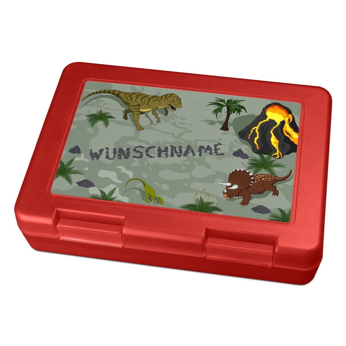 Brotdose mit Namen, rot (Motiv: Dinosaurier)