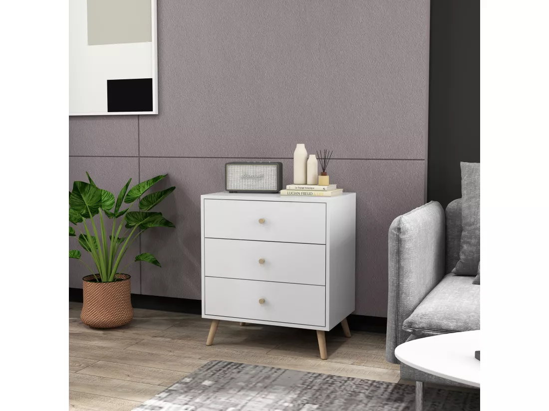 Commode 3 tiroirs design scandinave piètement effilé incliné bois pin MDF blanc