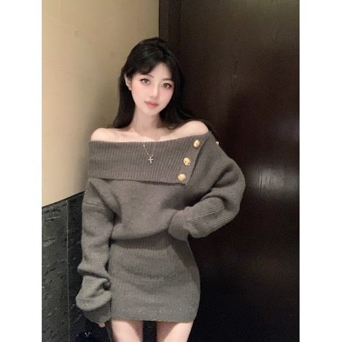 Mikiko - Lange mouw off-shoulder effen gebreide mini-jurk