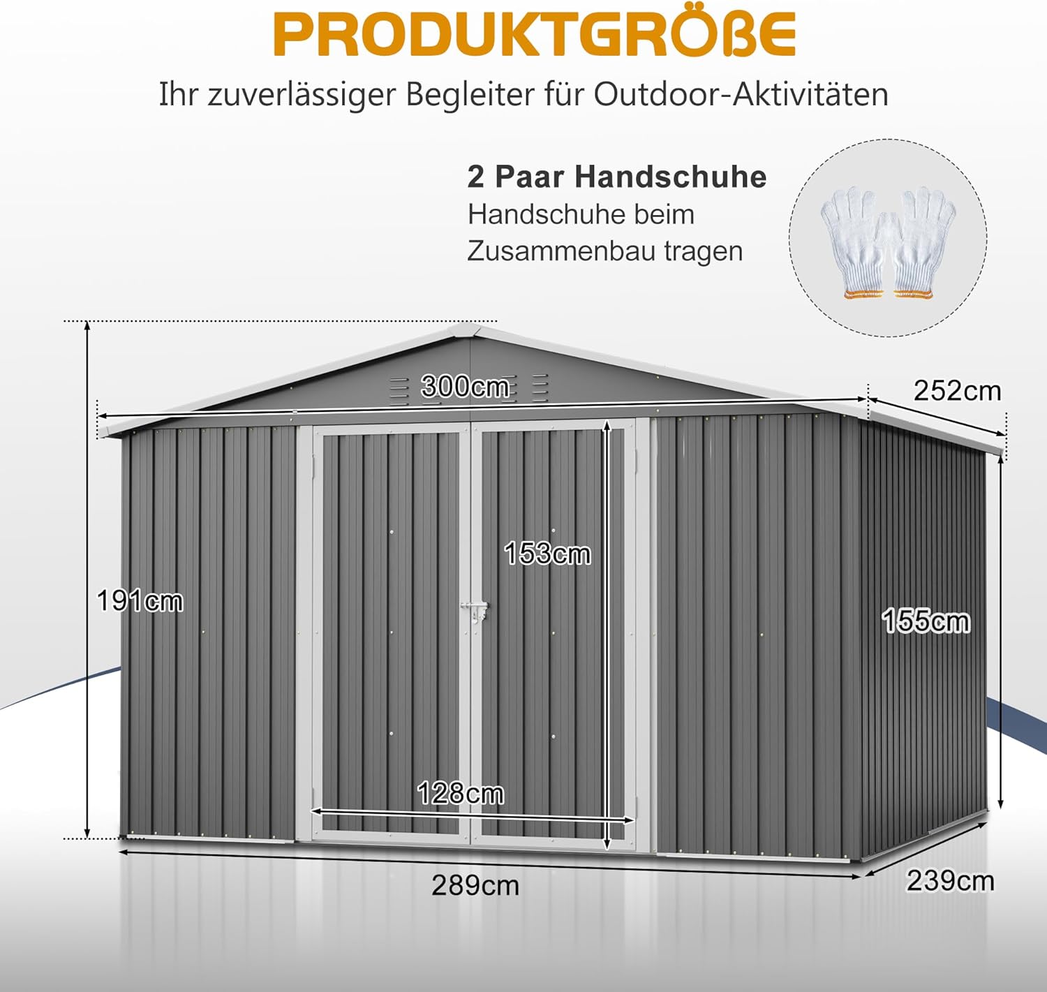Gartenhaus Metall Geräteschuppen 300x252x191 cm mit Klapptür, Gerätehaus Gartenschuppen mit Satteldach und Stauraum, Gartenhütte Fahrradschuppen für Gartengeräte, Grau
