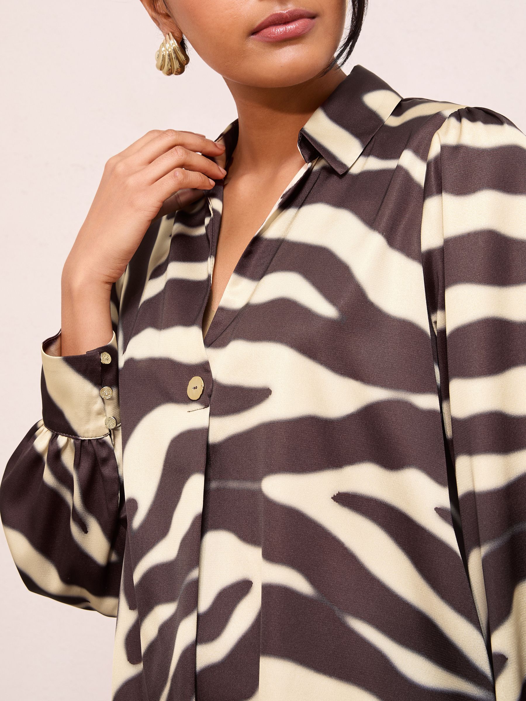Bruin met zebraprint - Friends Like These Long Sleeve Button Detail Collared Blouse