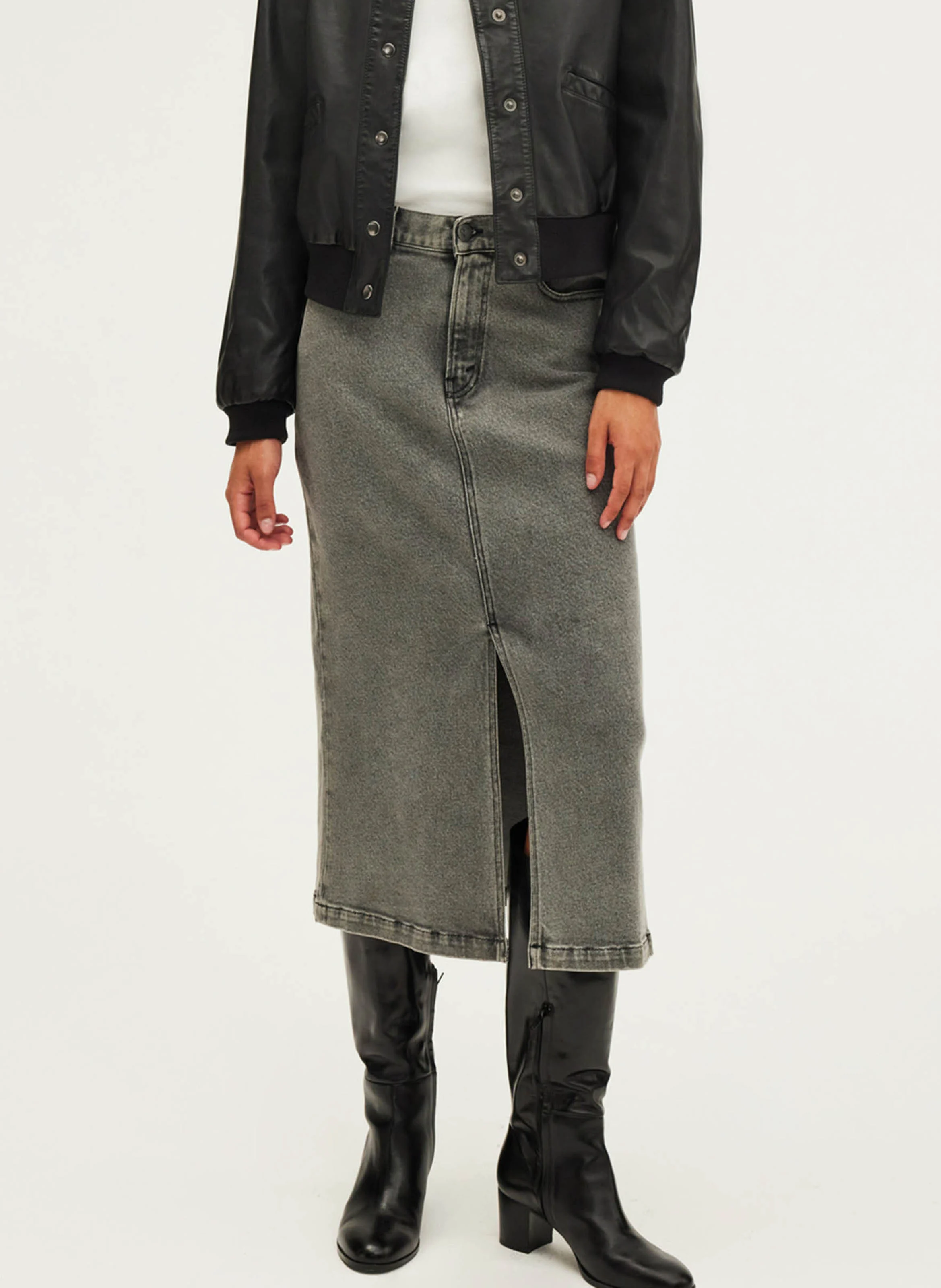 CLAUDIA - Jupe midi en denim de coton mélangé | Gris