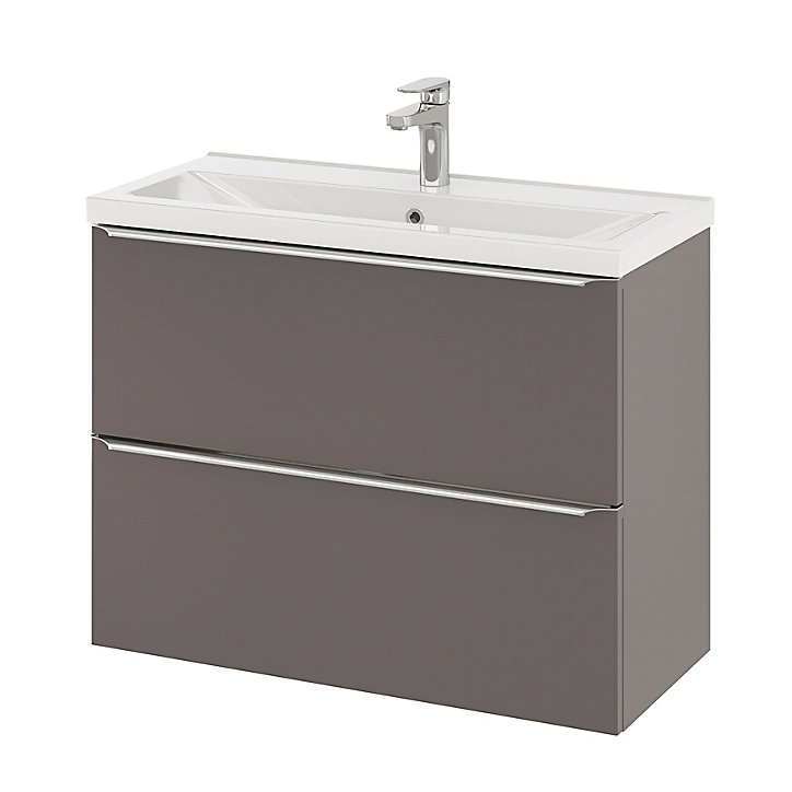 Ensemble salle de bains l.80 cm meuble à suspendre faible profondeur Imandra gris taupe brillant + plan vasque céramique blanc