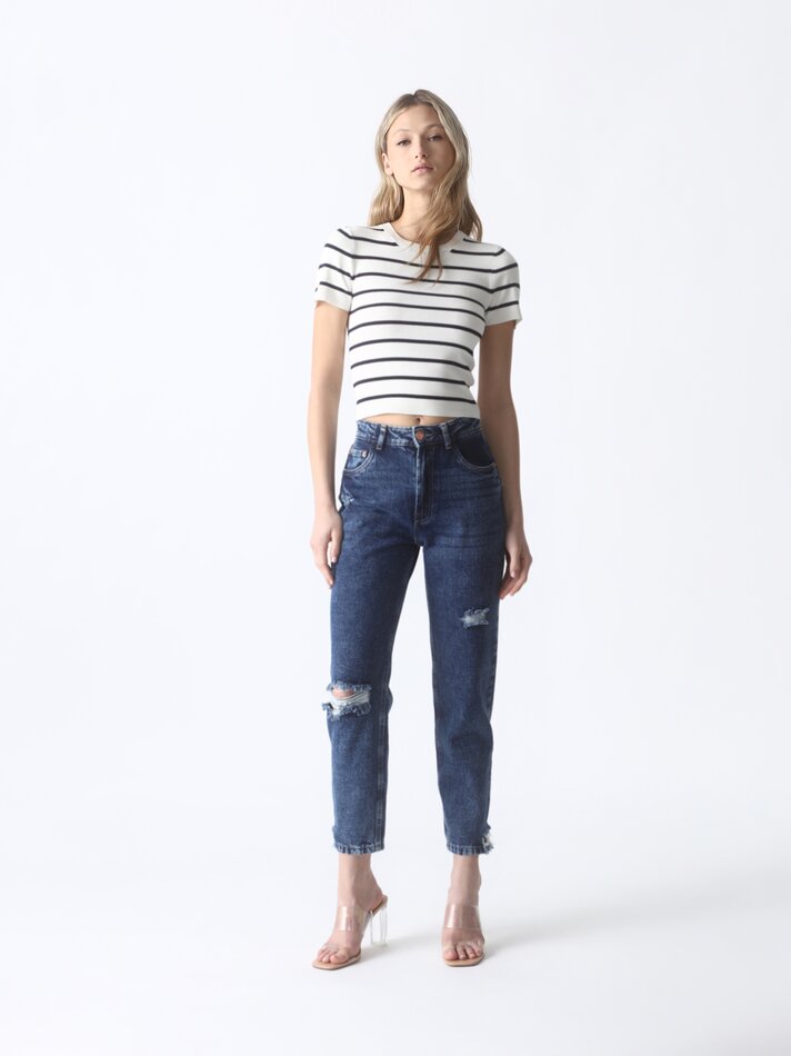Calça jeans estilo Mom Fit - Azul Escuro