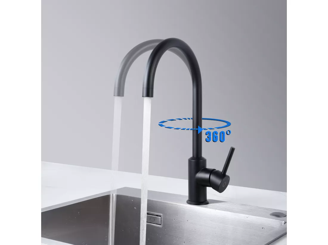 Noir Evier à Encastrer 1 Bac avec Egouttoir, Quartz et Résine, 65x45cm + Mitigeur de Cuisine en Inox Noir