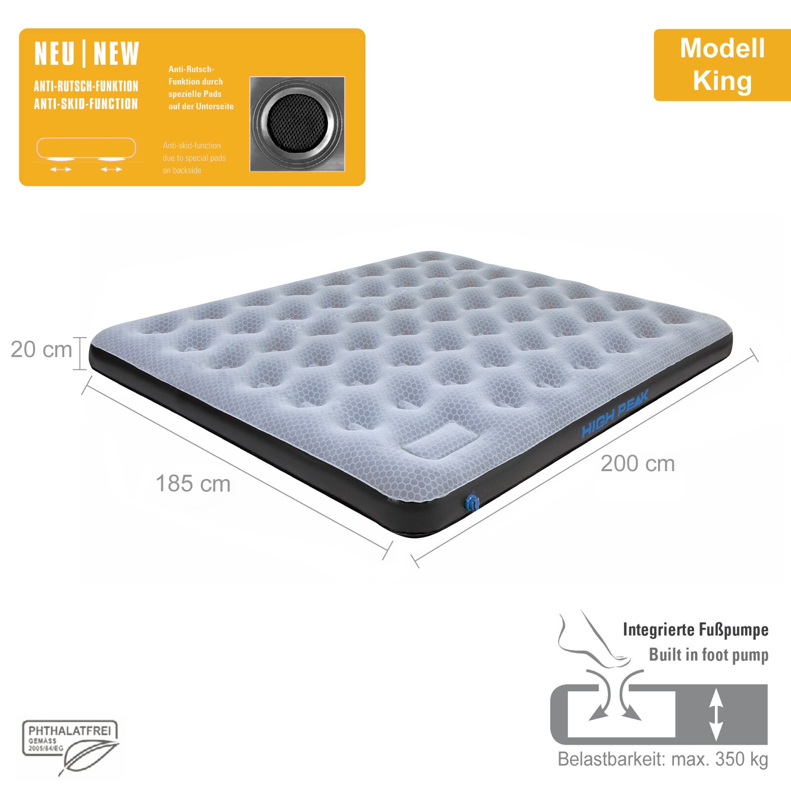 HIGH PEAK Luftbett Comfort Plus - Luftmatratze Camping Gästebett Isomatte Pumpe Größe: Single