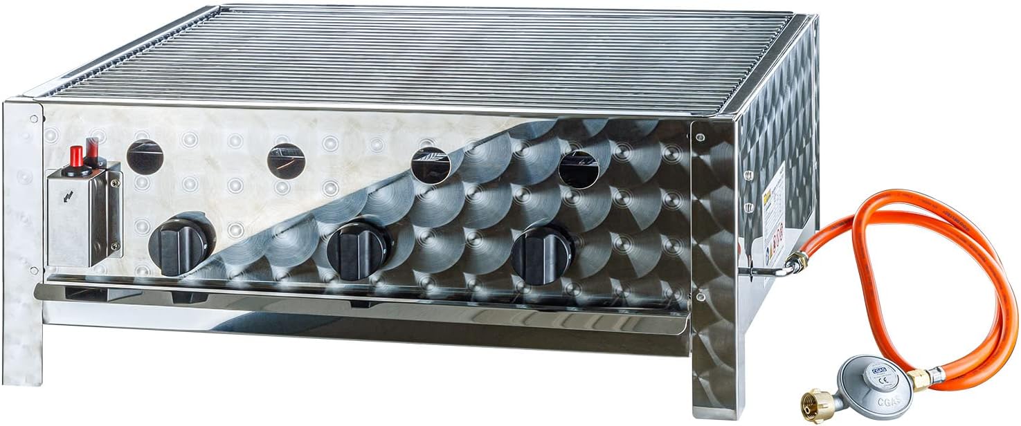 DEMA Edelstahl Gasbräter – 3-flammiger Gastrobräter mit 10 kW, Gasgrill & Tischgrill inkl. Grillrost