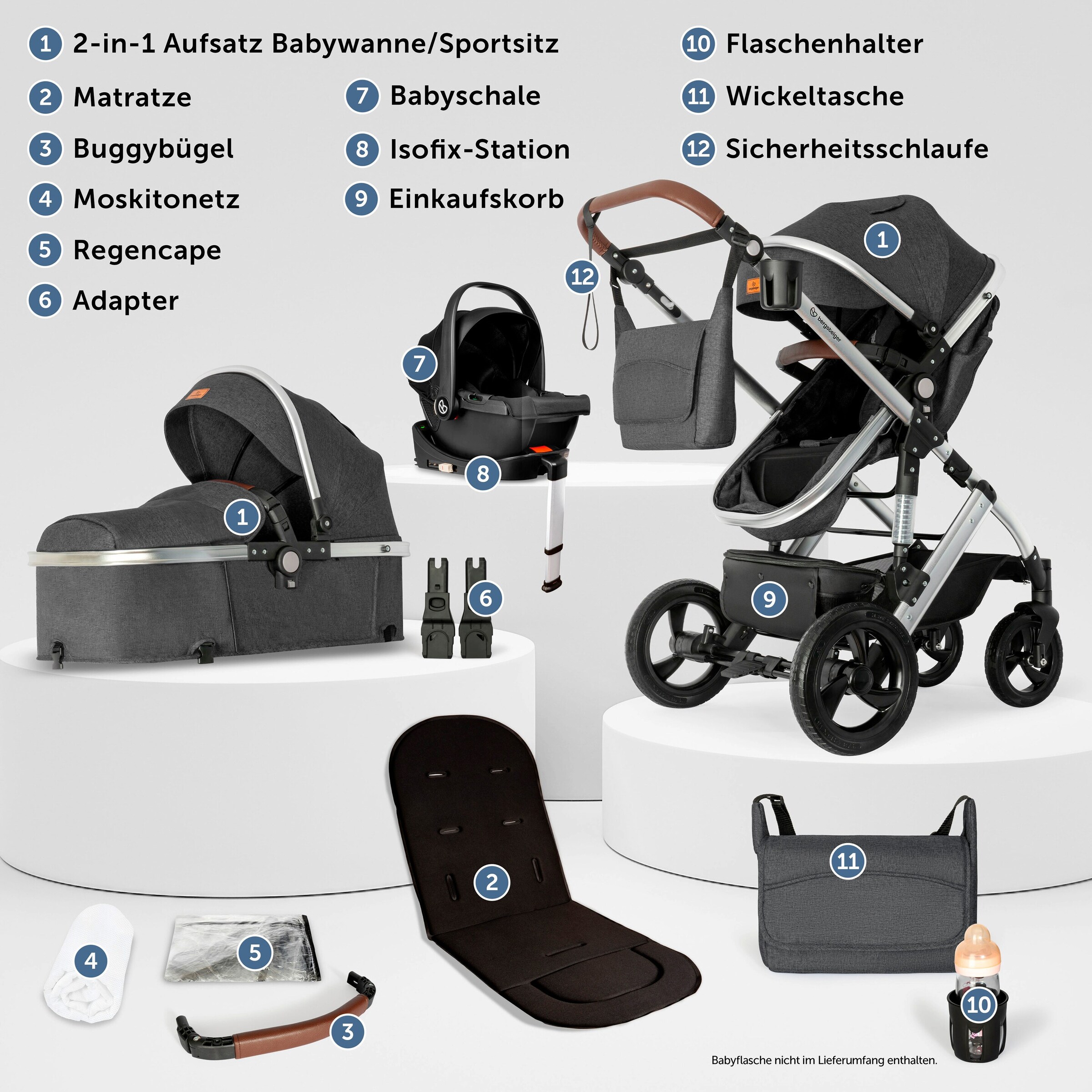 Bergsteiger Kinderwagen Nizza + Babyschale grey | Gestell: silver