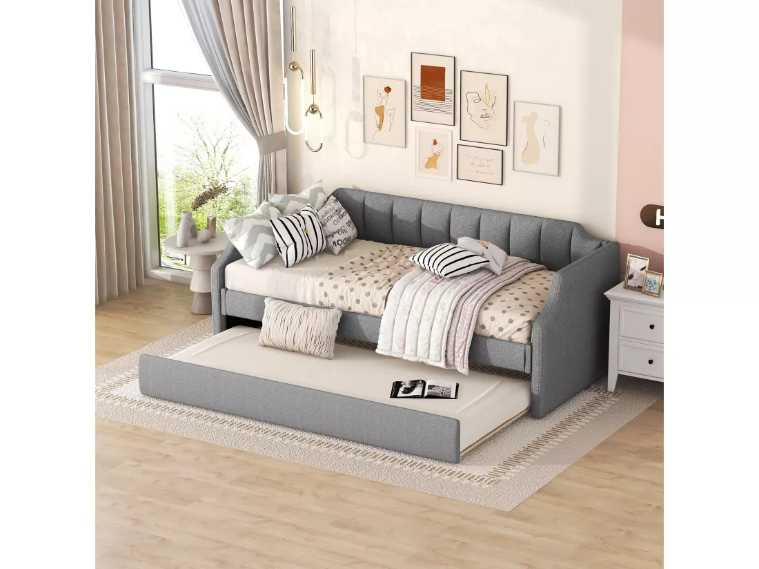 Lit gigogne 90x190/200cm en tissu de lin - avec sommier à lattes - Gris