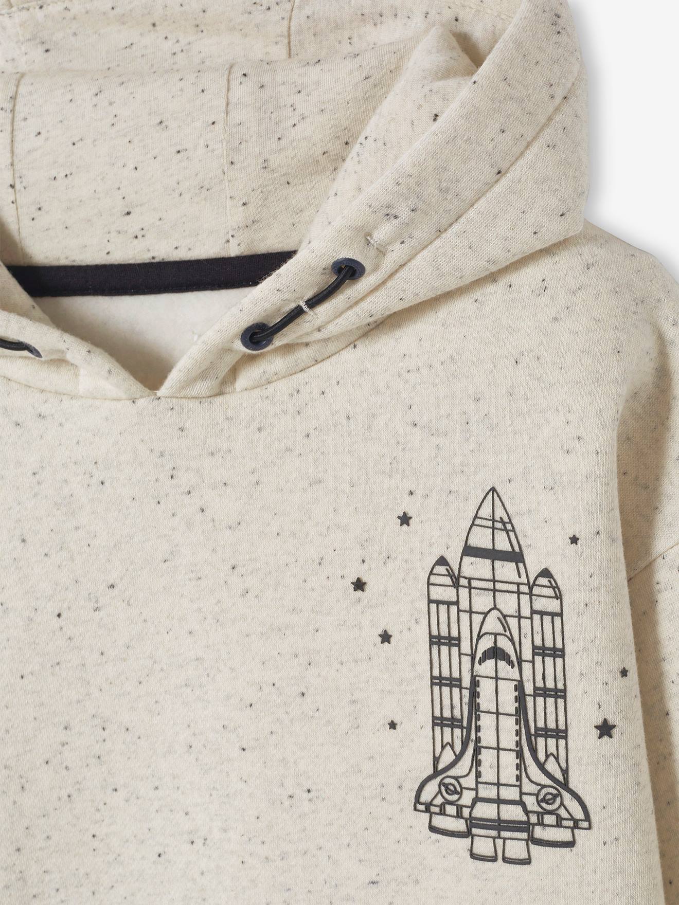 Moletom com capuz e estampa de nave espacial em relevo, em tecido felpudo mesclado, para meninos, branco liso tamanho médio com estampas.