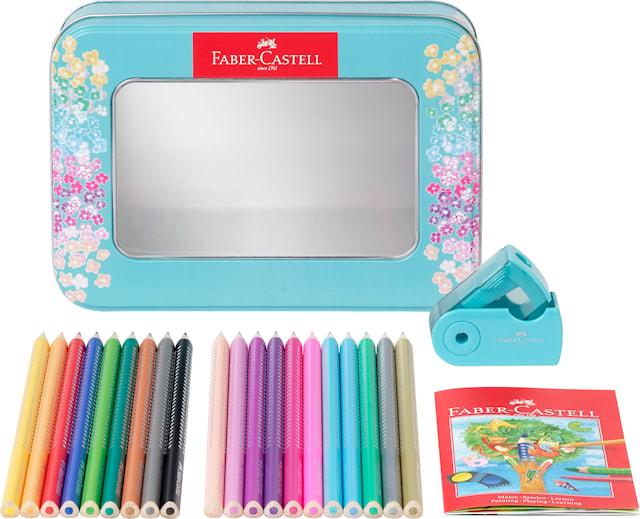 Fargeblyanter Sparkle i metalletui 20 stk. + blyantspisser Faber-Castell