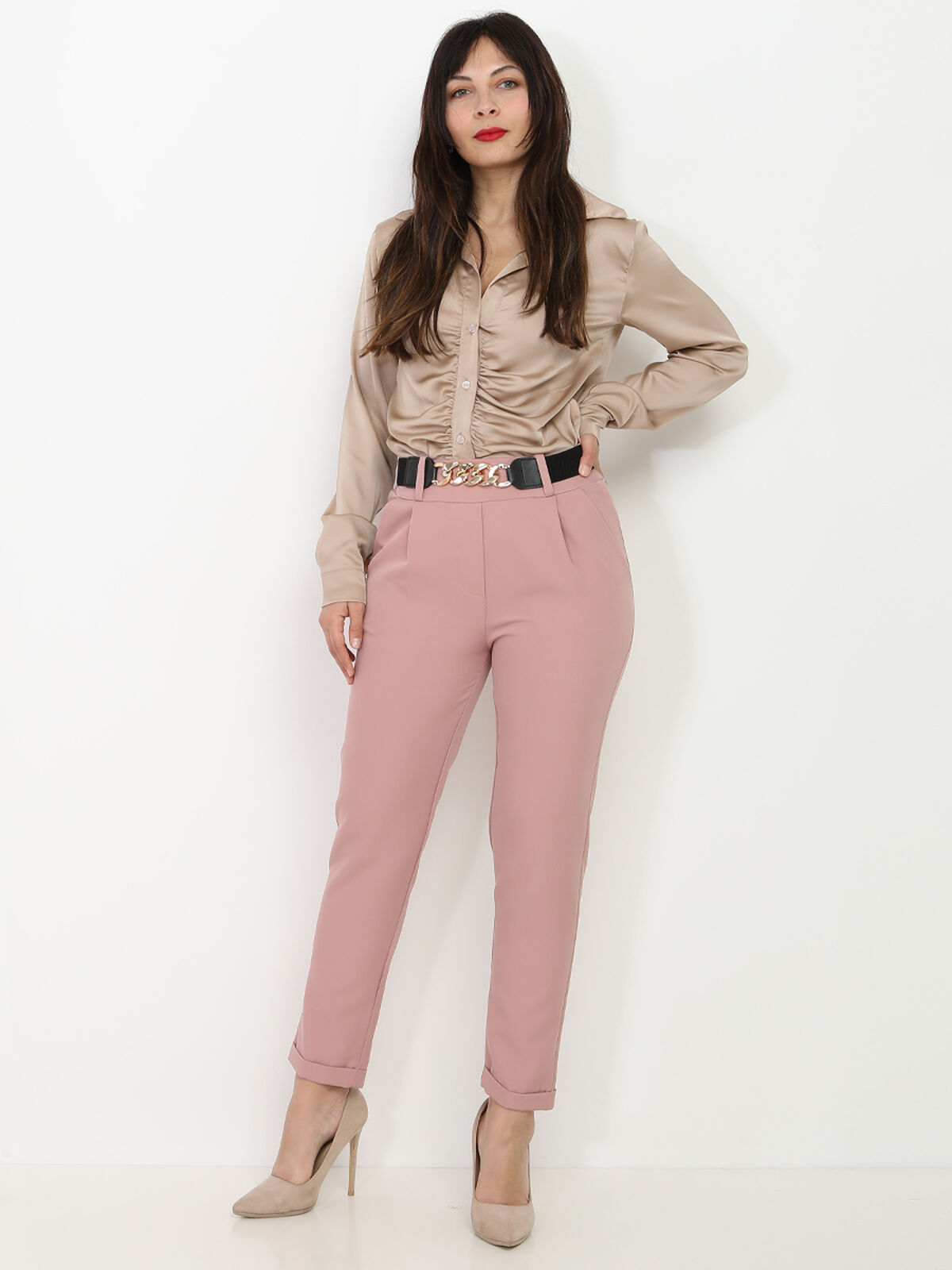Pantalon droit avec ceinture à maillons- Rose