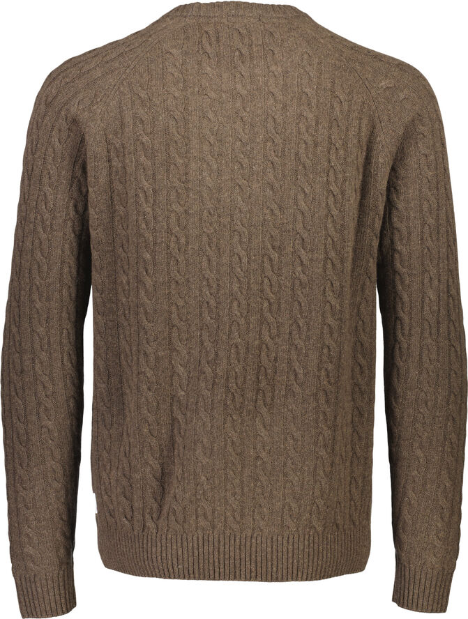 Lindbergh Lambswool raglan cable o-neck Dk brown mel