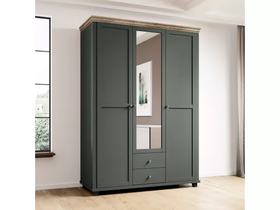 Armoire 150x220 avec 3 portes et 2 tiroirs. Coloris vert kaki et chêne. Collection ASSIA