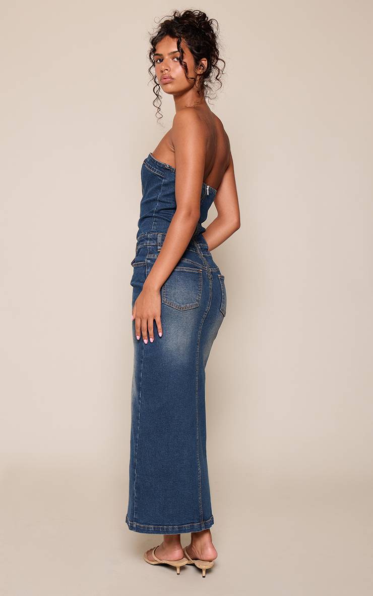 Vintage Robe Longue En Denim Stretch Bleu Foncé À Détail Bustier
