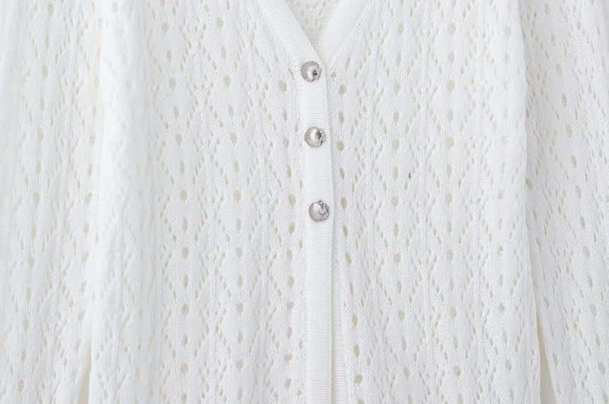 Avauntgardo - V-hals geperforeerde knoopsluiting effen cardigan met split / hoge taille gebreide mini-kokerrok