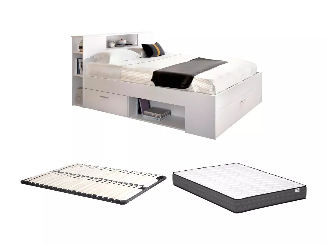 Lit avec tête de lit rangements et tiroirs - 160 x 200 cm - Coloris : Blanc + Sommier + Matelas - LEANDRE