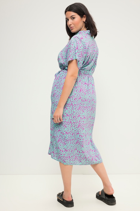Hemdblusen-Midikleid, oversized, zweifarbiger Print, Bindegürtel
