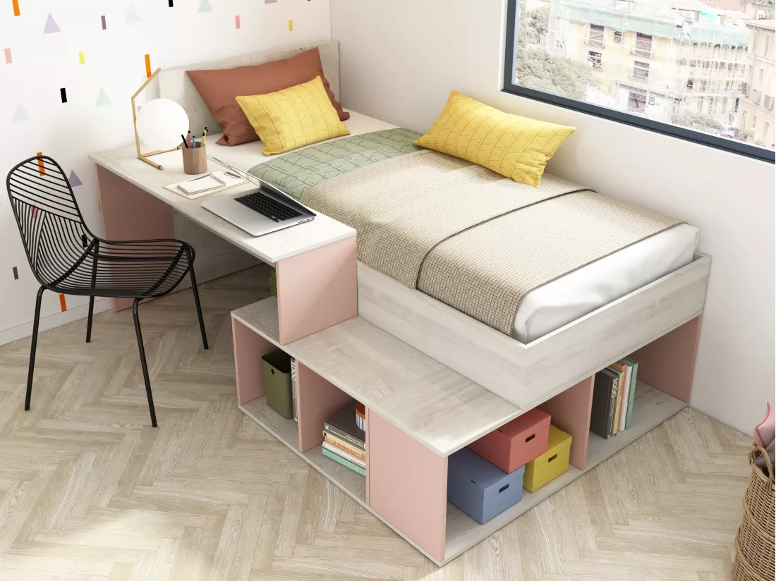 Lit combiné 90 x 200 cm avec rangements et bureau - Coloris : Naturel et Rose - RIGALI
