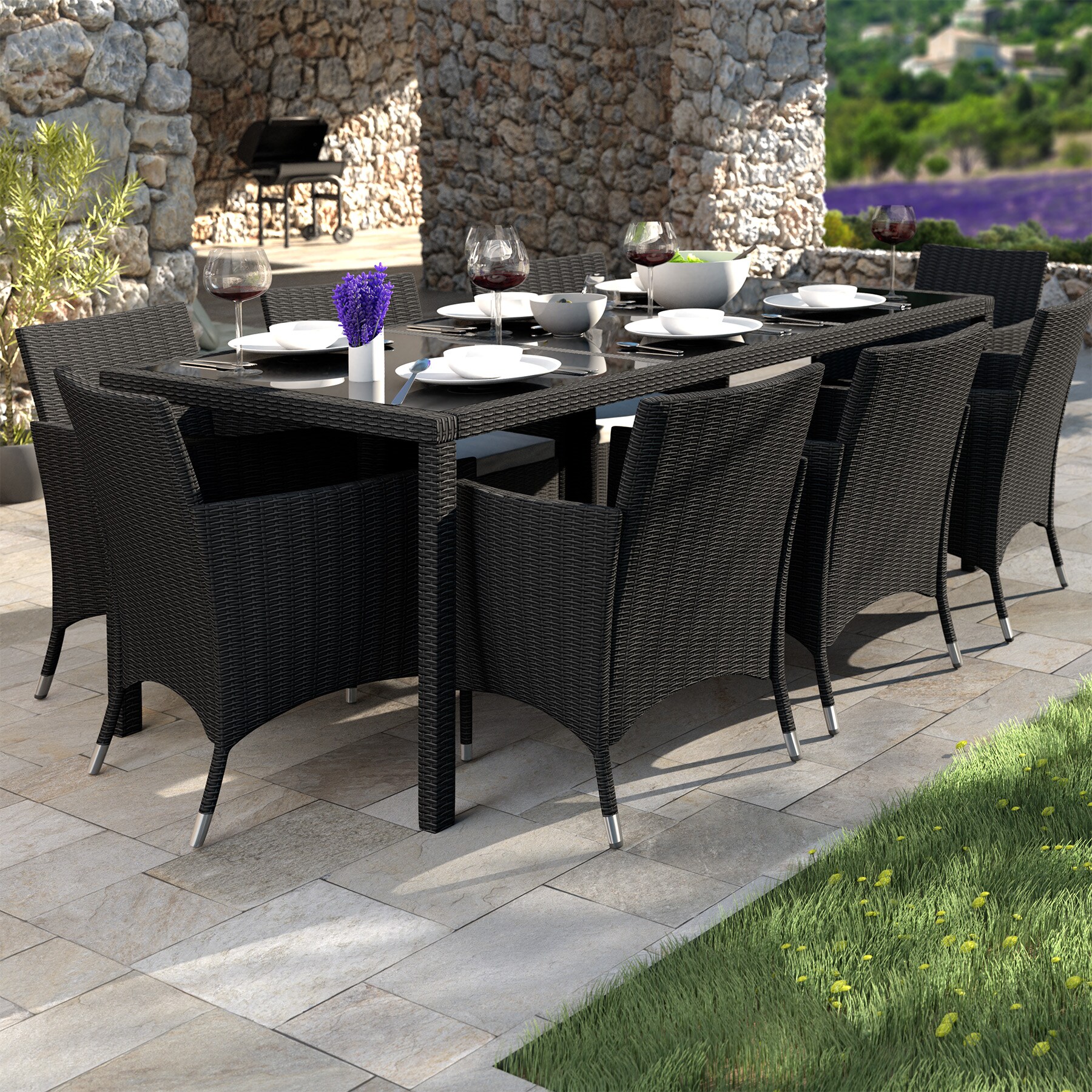 tectake® Rattan Sitzgruppe, für 8 Personen, UV-beständig, inklusive Schutzhülle