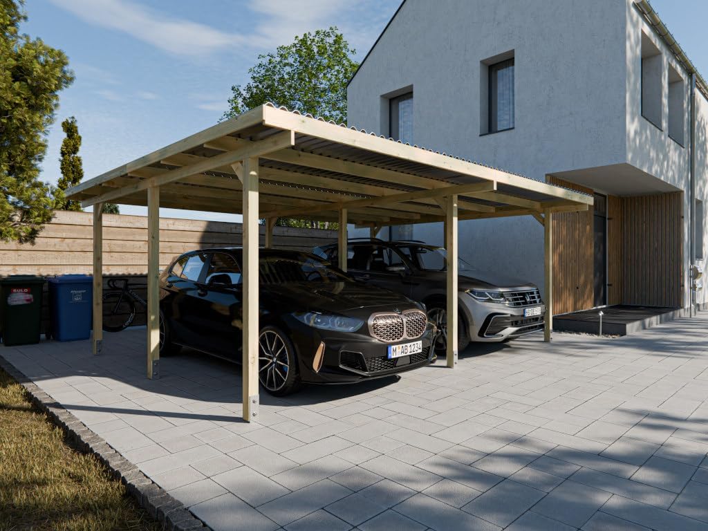 Holz Doppel-Carport | 595 x 495 cm | 210 cm hoch | Fichte Kiefer Carport | mit UV-Schutz | 9er Pfosten | inkl. Dacheindeckung