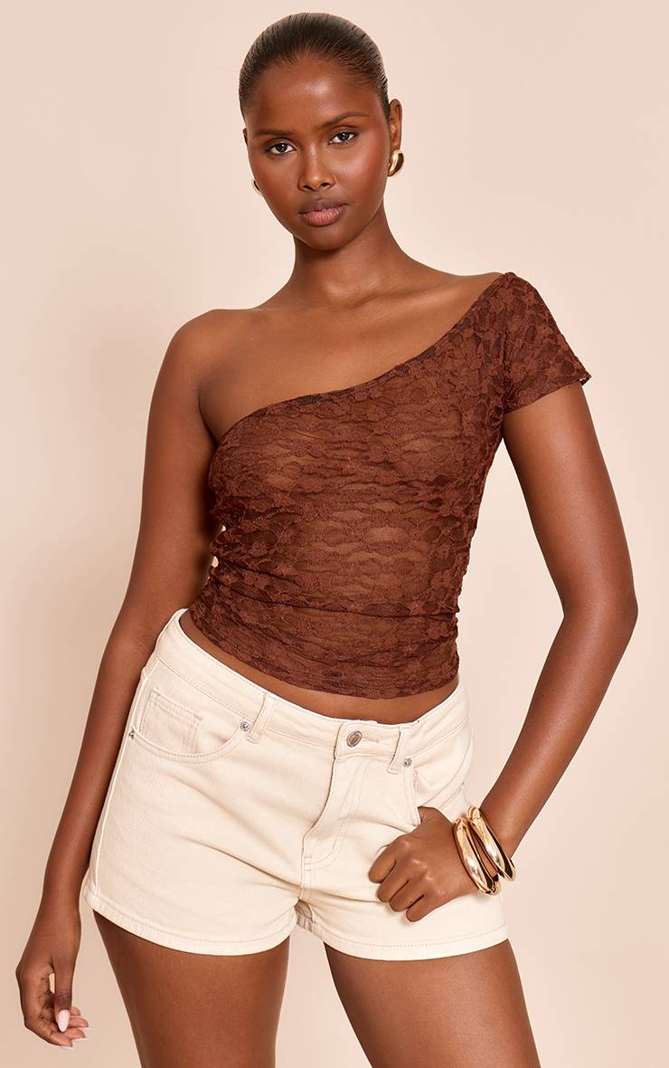 Chocolat Haut Long En Dentelle Texturée À Encolure Asymétrique