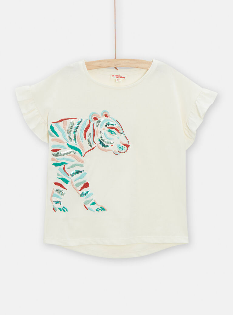 T-shirt écru animation tigre pour fille