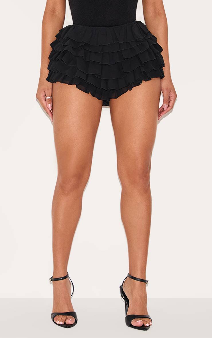 Noir Short Taille Basse En Mousseline À Volants Shape