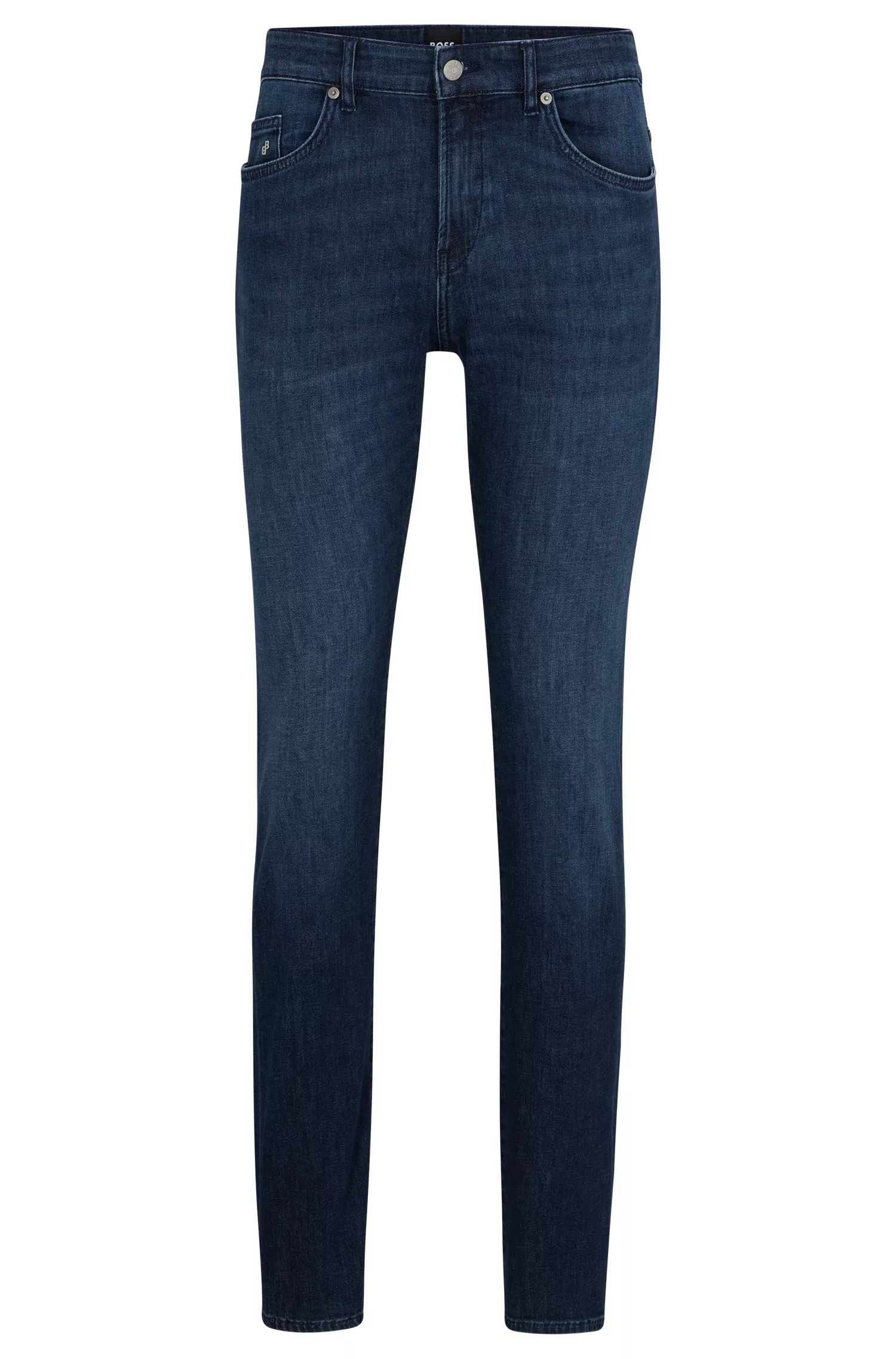Calça jeans BOSS preta, corte slim, em denim italiano leve azul-escuro.