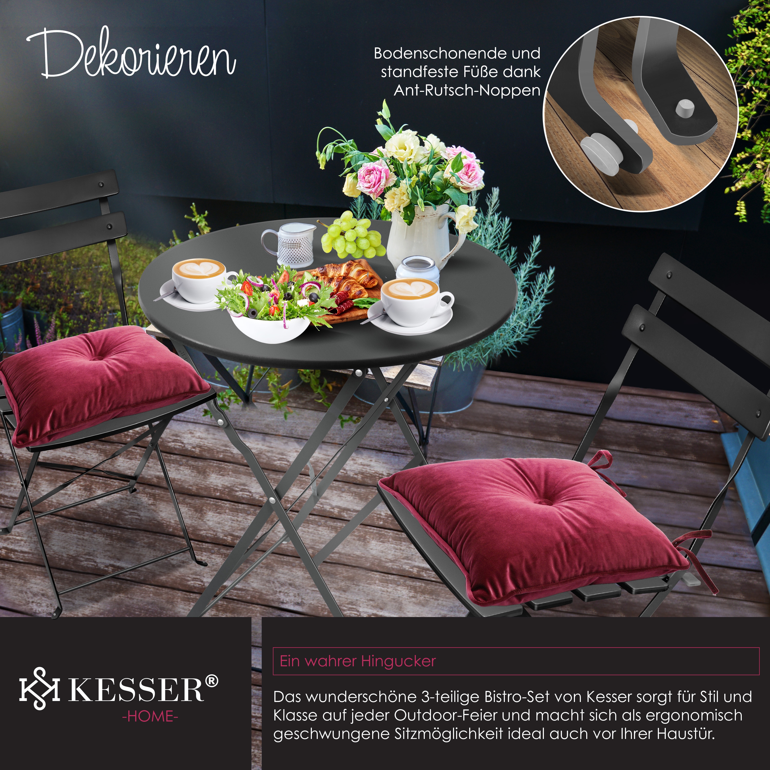KESSER® Bistroset 3-teilig Bistrotisch mit 2 klappbaren Stühle Set Balkonset Balkonmöbel Klapp-Möbel Gartenset Sitzgarnitur Gartengarnitur Gartenmöbel Sitzgruppe Metall Bistro Gartentisch inkl. Abdeckung