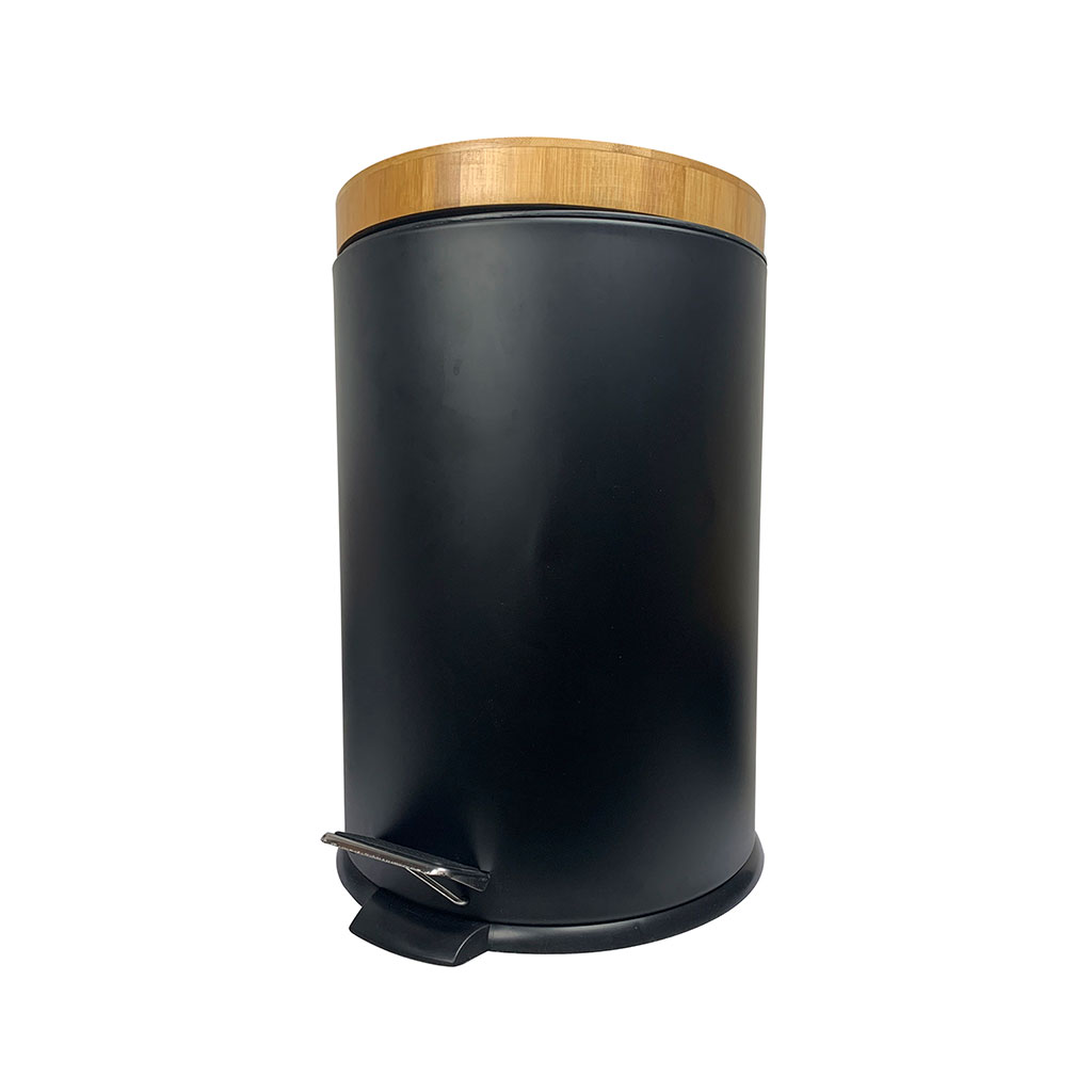 Poubelle à pédale métal couvercle bambou noire 20L