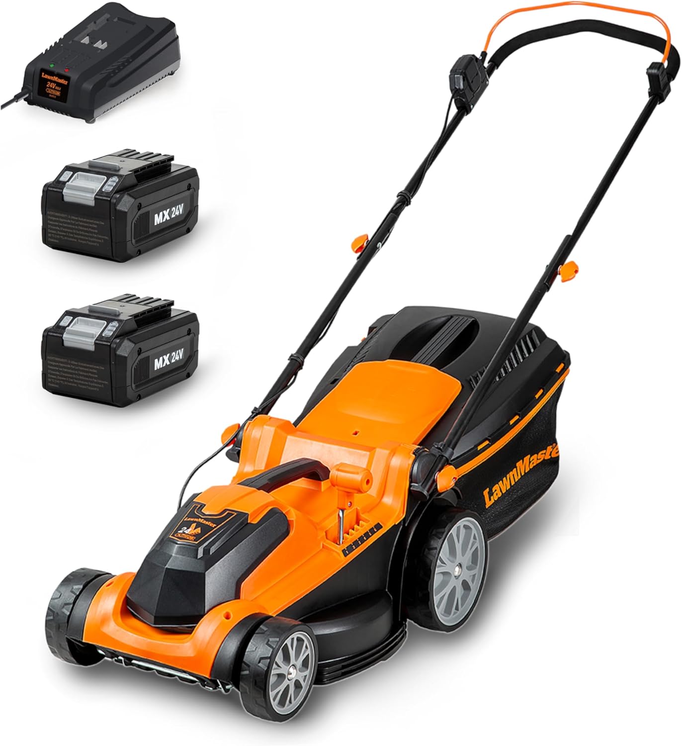 LawnMaster CLMF2437G Akku-Rasenmäher 24V Max 2x4.0Ah Batterie, 37cm 300m² Mulchen 40L, 22-72mm 6-Stufige Schnitthöhenverstellung