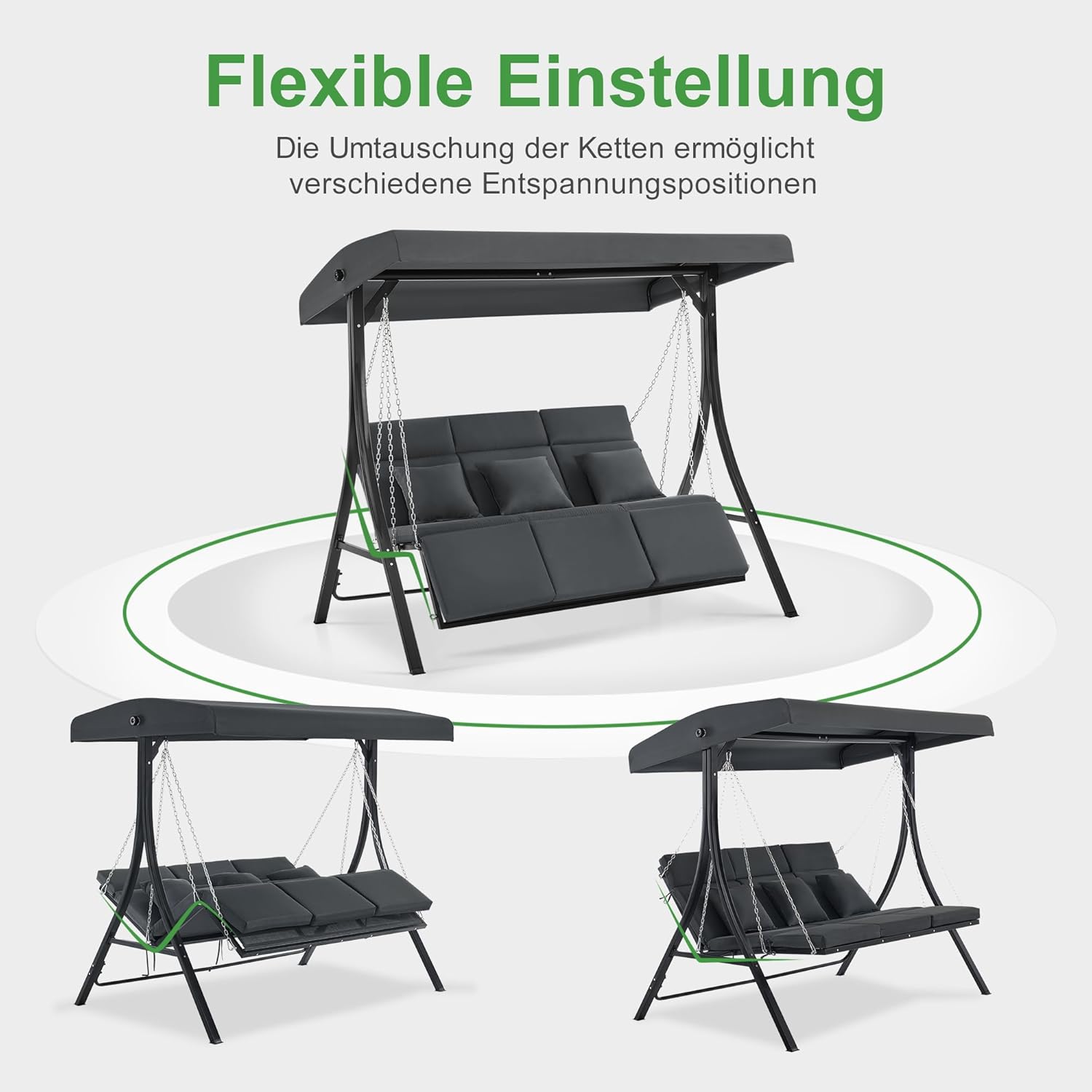 M MCombo Hollywoodschaukel mit Liegefunktion, Gartenschaukel 3 Sitzer Wetterfest, Outdoor Schaukelbank mit Metallketten, Verstellbarem Dach, 123 * 194 * 169 cm, 8018 (Dunkgelgrau)