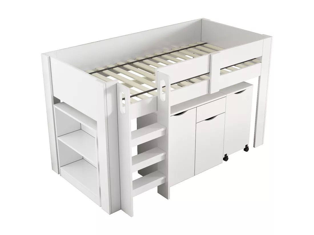 Lit mezzanine enfant 90x200cm - en MDF - avec bureau escamotable et armoire amovible - Blanc