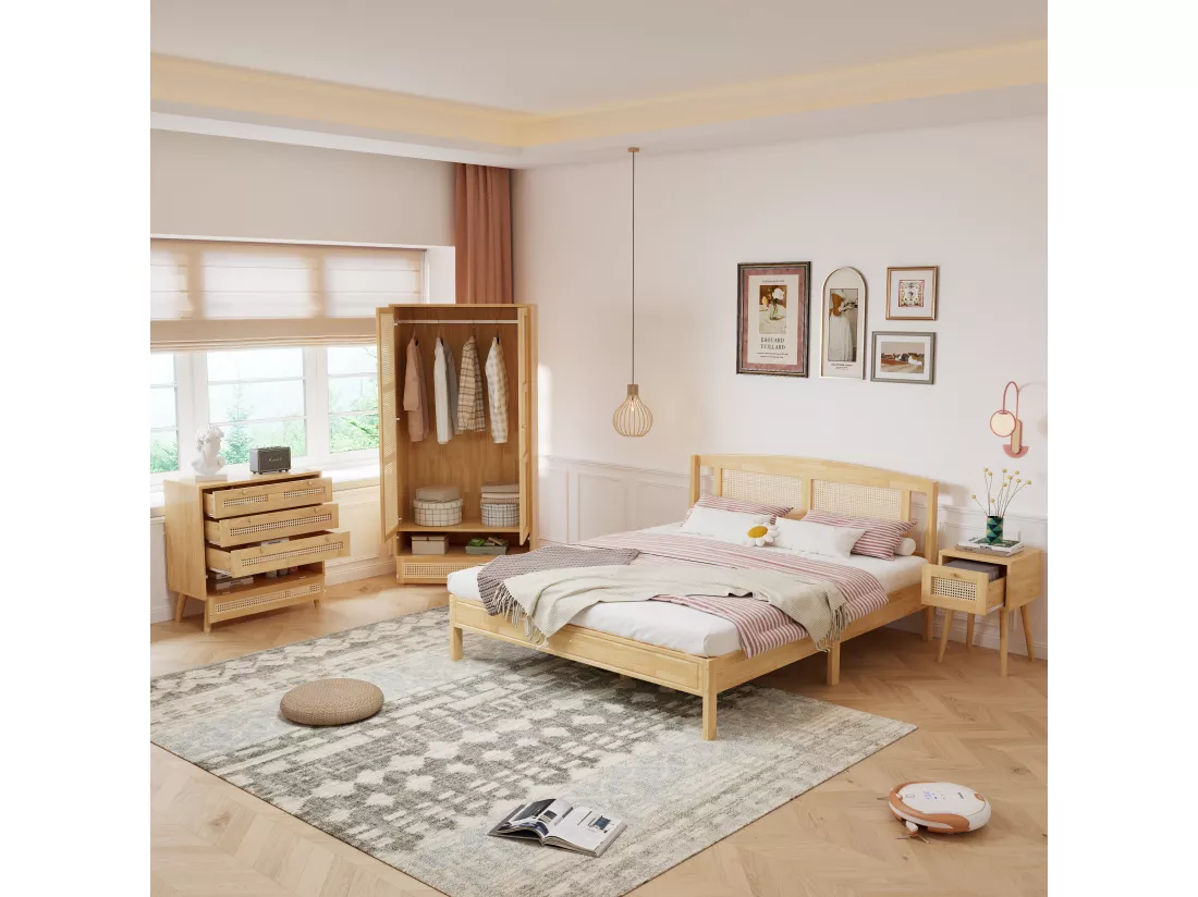 Ensemble lit adulte 160 x 200 cm avec table de chevet + commode + armoire - pin + panneaux de particules + rotin PE - naturel